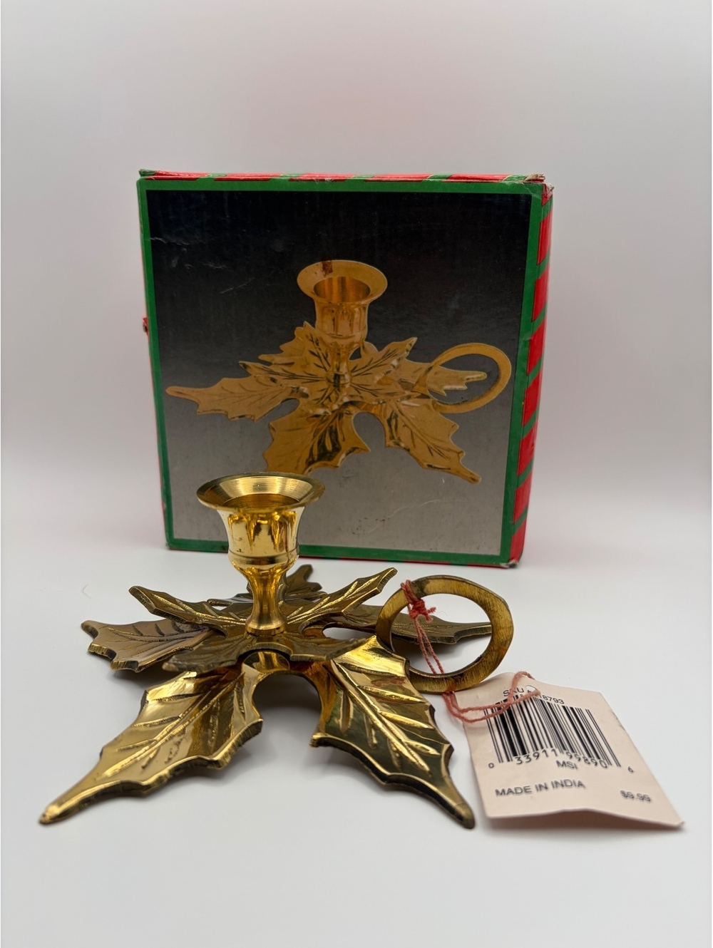 Vintage Brass Holly Leaf Candle Holder with Handle, Made in India